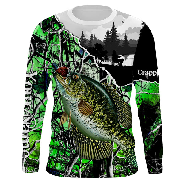 MaxCorners Crappie Fishing Green Camo Tournament Customized Name 3D Long Sleeve Shirt