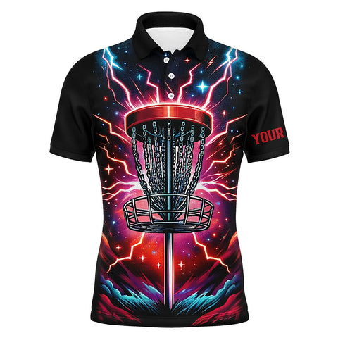 Maxcorners Mens Disc golf polo shirts custom red lightning thunder disc golf jerseys, disc golf outfit MT0510