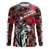 Maxcorners Custom Fish Reaper Skull Bass Long Sleeve Fishing Shirt, Bass Hunter Fishing Jerseys | Red Camo LM2408