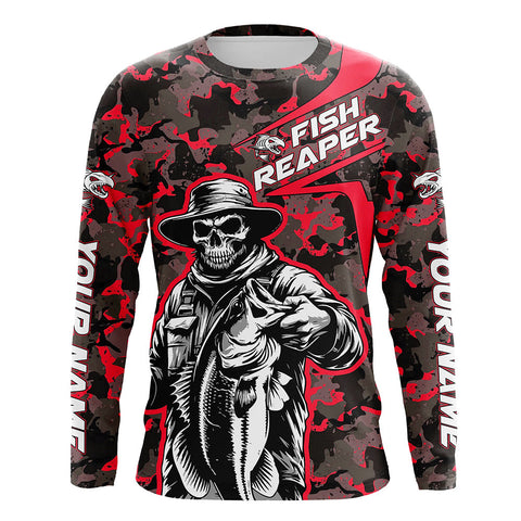Maxcorners Custom Fish Reaper Skull Bass Long Sleeve Fishing Shirt, Bass Hunter Fishing Jerseys | Red Camo LM2408