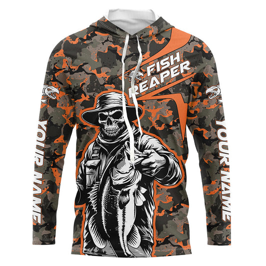 Maxcorners Custom Fish Reaper Skull Bass Long Sleeve Fishing Shirt, Bass Hunter Fishing Jerseys | Orange Camo LM0201