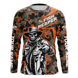 Maxcorners Custom Fish Reaper Skull Bass Long Sleeve Fishing Shirt, Bass Hunter Fishing Jerseys | Orange Camo  LM2408