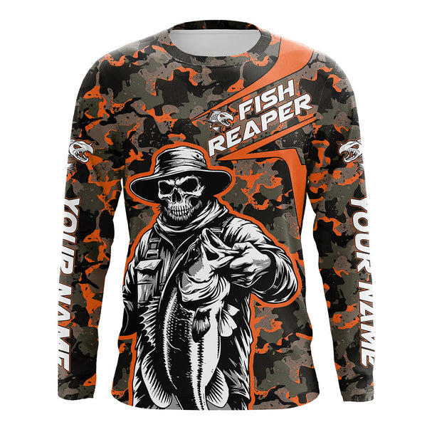 Maxcorners Custom Fish Reaper Skull Bass Long Sleeve Fishing Shirt, Bass Hunter Fishing Jerseys | Orange Camo  LM2408