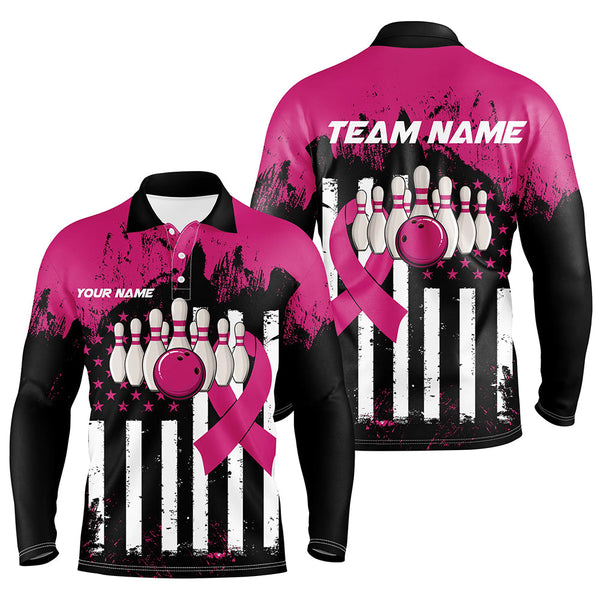 Maxcorners Bowling Ball And Pins Pink And Black American FlagCustomized Name, Team Name 3D Shirt