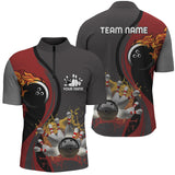 MaxCorners Bowling Ball And Pins Flame Customized Name, Team Name 3D Stand Collar Zipper Polo Shirt