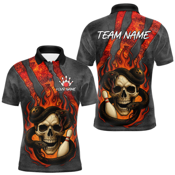 Maxcorners Red Flame Skull Snake Bowling Polo, Quarter Zip Shirts for Men Custom Team Bowling Jersey LM2110