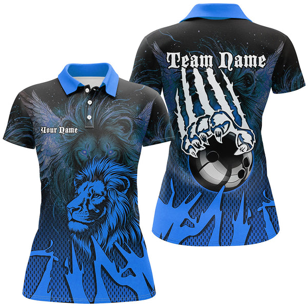 Maxcorners Black And Blue Lion Bowling Polo, Quarter Zip Shirts For Men & Women Custom Team Lion Bowling Jerseys