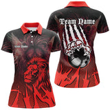 Maxcorners Black And Red Lion Bowling Polo, Quarter Zip Shirts For Men Custom Team Lion Bowling Jerseys