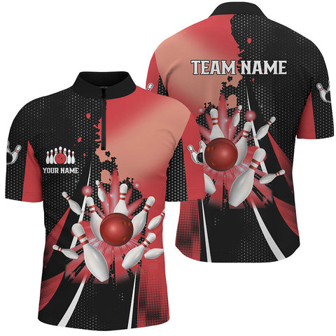 MaxCorners Bowling And Pin Black And Red Retro Customized Name 3D Stand Collar Zipper Polo Shirt Unisex