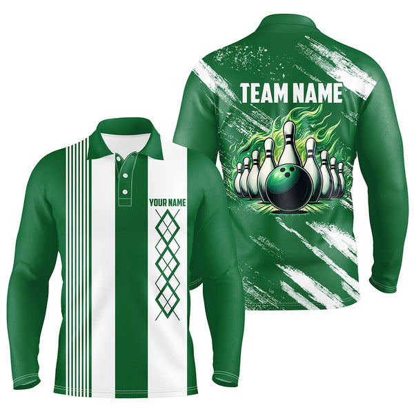 Maxcorners Bowling Ball And Pins Green And White Argyle Flame Customized Name, Team Name 3D Shirt