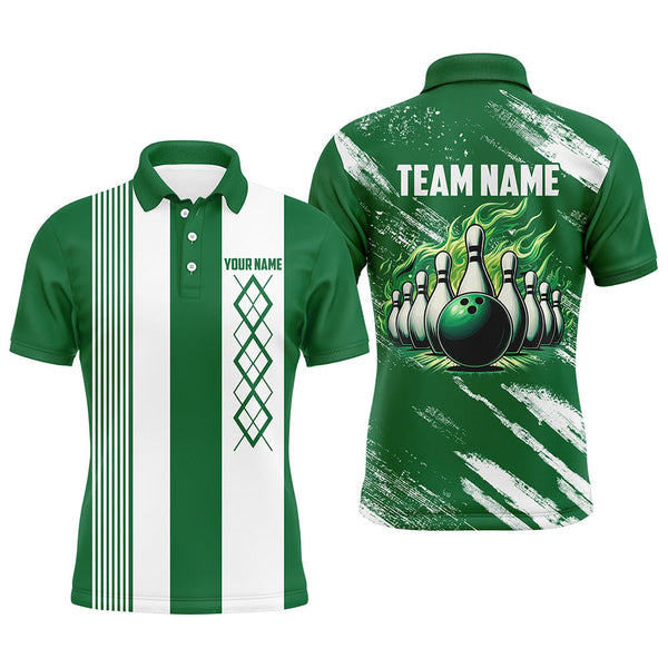 Maxcorners Bowling Ball And Pins Green And White Argyle Flame Customized Name, Team Name 3D Shirt