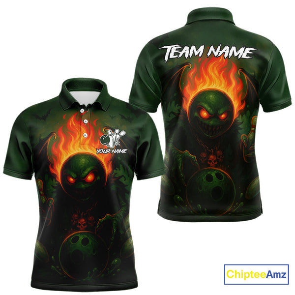 Maxcorners Custom Halloween Bowling Shirt For Men Green Flame Skull, personalized bowling shirts for team bowler MT2407