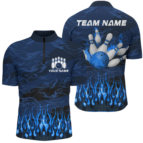 Maxcorners Bowling polo, quarter zip shirts Custom Blue camo Flame Bowling Team League Jerseys