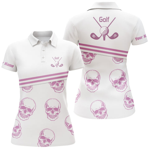 Max Corners Pink Golf Skull Pattern White Customized Name 3D Golf Polo Shirt For Women