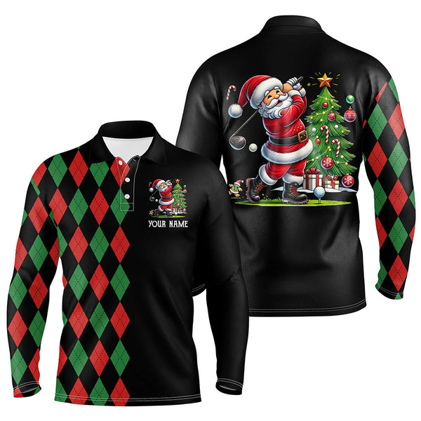 Maxcorners Red and Green argyle pattern black Men golf polo shirt custom Christmas Santa golfer golf outfits