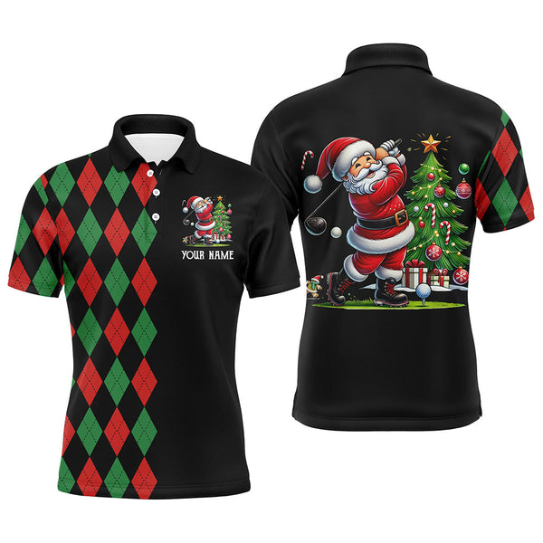 Maxcorners Red and Green argyle pattern black Men golf polo shirt custom Christmas Santa golfer golf outfits