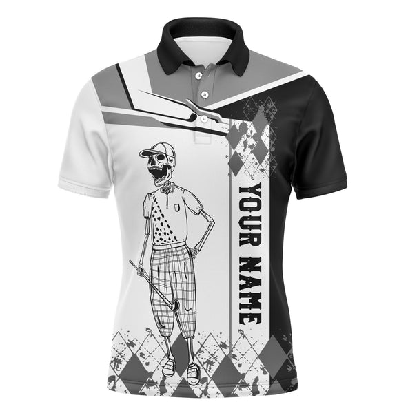 Maxcorner Customized Name Black And White Skull Golf 3D Polo Shirt