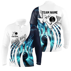 Maxcorners Blue Lightning Thunder Men Bowling Polo Shirt Custom Texas Team League Jerseys, Gifts For Bowlers