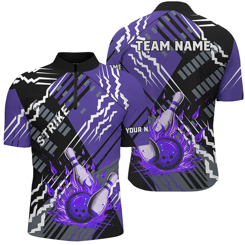 MaxCorners Bowling And Pins Black And Purple Strike  Customized Name, Team Name 3D Stand Collar Zipper Polo Shirt For Men