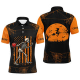 Maxcorners Funny Black and Orange American Flag Halloween skull custom bowling shirts, Bowling Team Jerseys