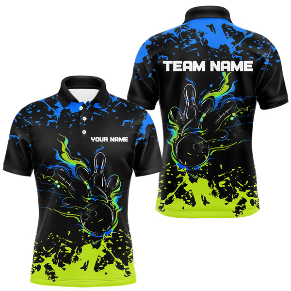 Maxcorners Personalized Black, Blue and Green Bowling Shirts For Men, Bowling Balls And Pins Bowling Team Shirts TU2309