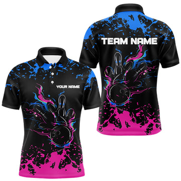 Maxcorners Personalized Black, Blue and Pink Bowling Shirts For Men, Bowling Balls And Pins Bowling Team Shirts LM1903
