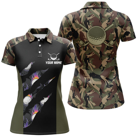 Max Corners Camo Golf Flame Ball Customized Name 3D Golf Polo Shirt For Women