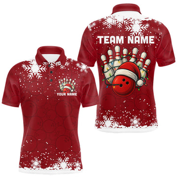 Maxcorners Red Christmas Bowling snowflake Men's Bowling Polo, Quarter Zip shirts Custom Xmas Bowling Outfits LM2603