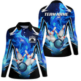 Maxcorners Blue Flame Bowling Ball and Pins Bowling Polo, Quarter Zip Shirts for Women Custom Bowling Team jersey
