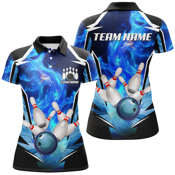 Maxcorners Blue Flame Bowling Ball and Pins Bowling Polo, Quarter Zip Shirts for Women Custom Bowling Team jersey