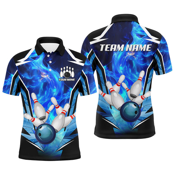 Maxcorners Blue Flame Bowling Ball and Pins Bowling Polo, Quarter Zip Shirts for Men Custom Bowling Team jersey