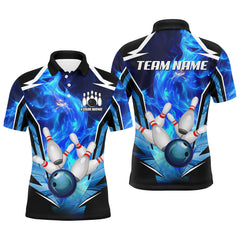 Maxcorners Blue Flame Bowling Ball and Pins Bowling Polo, Quarter Zip Shirts for Men Custom Bowling Team jersey