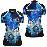 Maxcorners Blue Flame Bowling Ball and Pins Bowling Polo, Quarter Zip Shirts for Women Custom Bowling Team jersey
