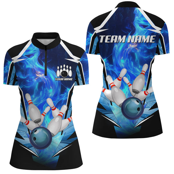 Maxcorners Blue Flame Bowling Ball and Pins Bowling Polo, Quarter Zip Shirts for Women Custom Bowling Team jersey