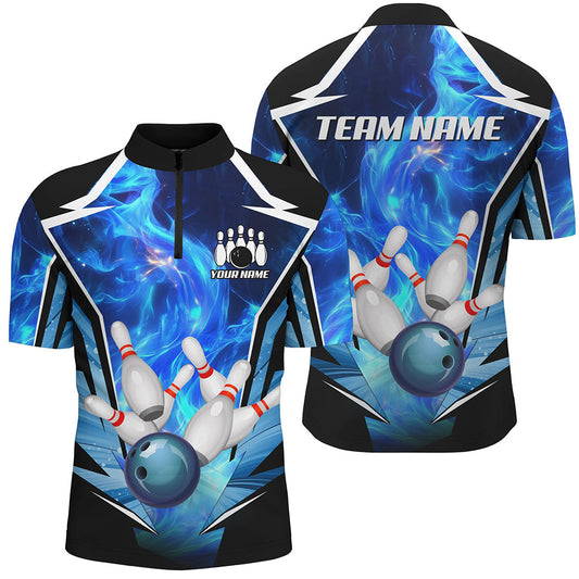 Maxcorners Blue Flame Bowling Ball and Pins Bowling Polo, Quarter Zip Shirts for Men Custom Bowling Team jersey