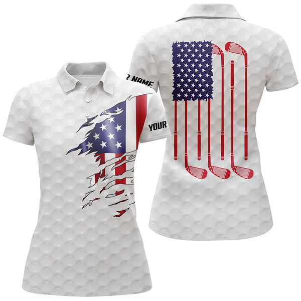 Maxcorners Womens Golf Polo Shirt White Golf Ball American Flag Patriotic Golf Clubs Custom Name Golfing Gifts