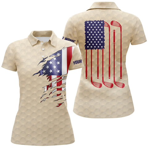 Max Corners Beige Golf Ball American Flag Patriotic Customized Name 3D Golf Polo Shirt For Women