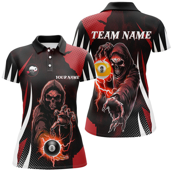 Maxcorners Funny Red Death Skeleton With Billiard 8 Ball & 9 Ball Women Polo Shirts