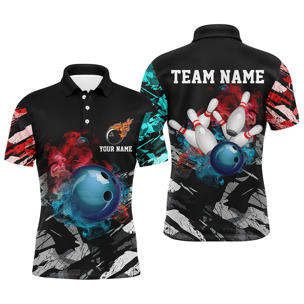 MaxCorners Bowling And Pins Black Camo Smoke Customized Name, Team Name 3D Polo Shirt Unisex