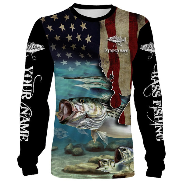 Maxcorners Striped Bass Striper Fishing 3American Flag Patriotic Customize Name 3D Shirts