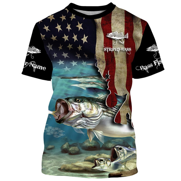 Maxcorners Striped Bass Striper Fishing 3American Flag Patriotic Customize Name 3D Shirts