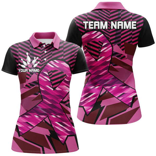 Maxcorners Bowling Ball And Pins Breast Cancer Awareness Black And Pink Ribbons Customized Name, Team Name 3D Shirt