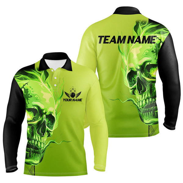 Maxcorners Custom Bowling Polo, Quarter Zip Shirts Green Flame Skull Team Bowling Jerseys Halloween Outfits