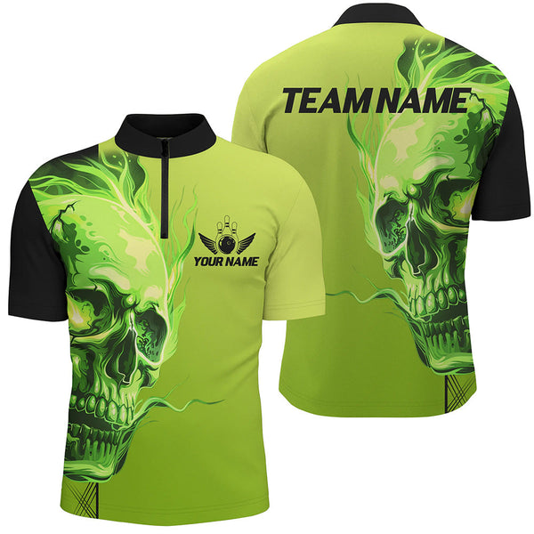 Maxcorners Custom Bowling Polo, Quarter Zip Shirts Green Flame Skull Team Bowling Jerseys Halloween Outfits