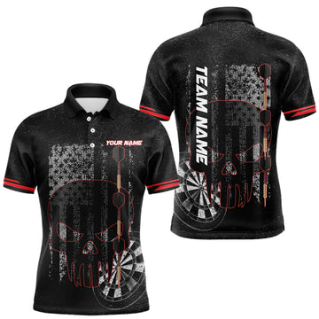 Maxcorners Black & White grunge American Flag Skull Mens Darts Shirt Custom patriotic Team Darts Jersey | Red LM1903