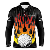 Maxcorners Orange Flame Golf Ball Black Men golf polo shirt custom golf tops for Men, gifts for the golfer