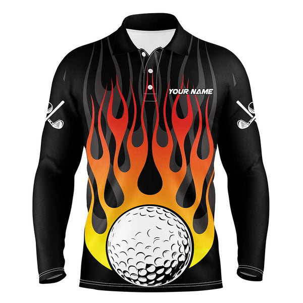 Maxcorners Orange Flame Golf Ball Black Men golf polo shirt custom golf tops for Men, gifts for the golfer