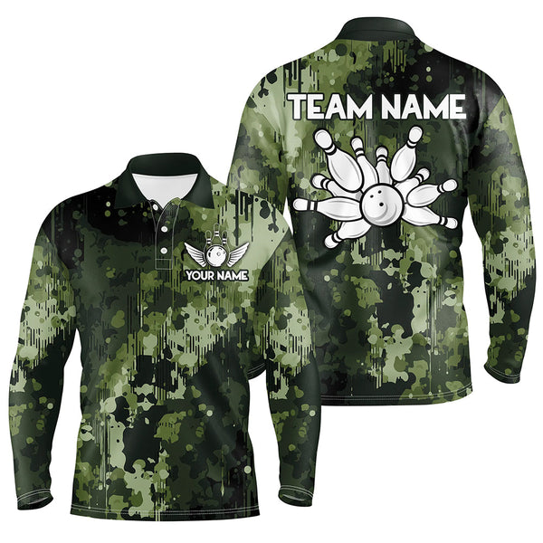 Maxcorners Green Camo Bowling Polo Shirts Custom Bowling Team Jerseys, Gift For Bowlers