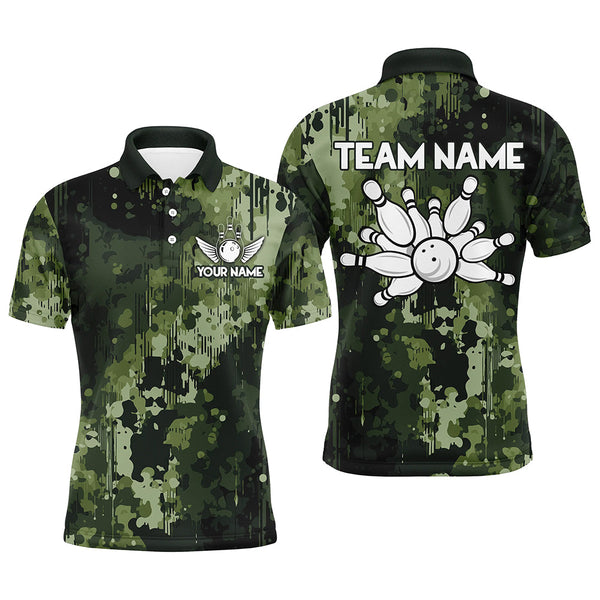 Maxcorners Green Camo Bowling Polo Shirts Custom Bowling Team Jerseys, Gift For Bowlers