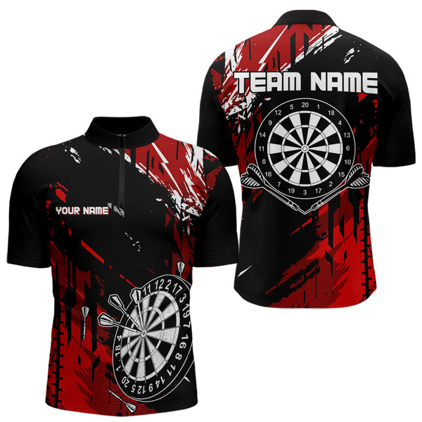 Maxcorners Retro Black Red Pattern Custom Darts Polo, Quarter-Zip Shirts For For Men Dart Team Jerseys